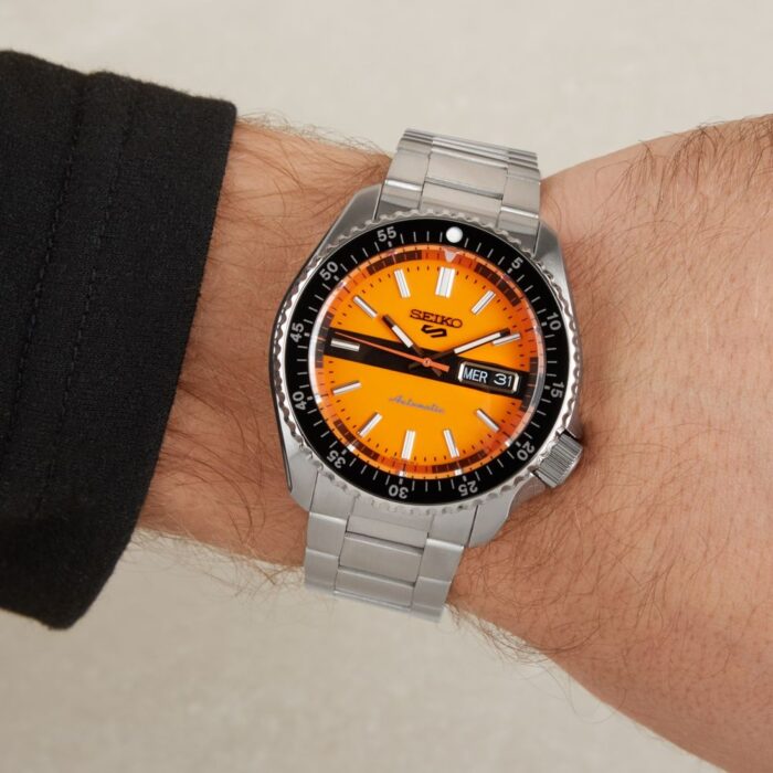 Seiko 5 Sports Double Hurricane Retro Orange Dial Silver Steel Strap Watch For Men - SRPK11K1 - Image 6